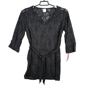 Womens Merona Black Lace Swim Suit Cover Up Belted Dress V Neck Long Sleeve S